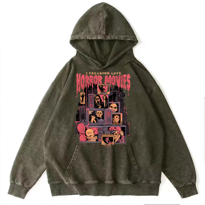 I Freaking Love Horror Movies Unisex Printed Casual Washed Hoodie Sweatshirt-Print-cool