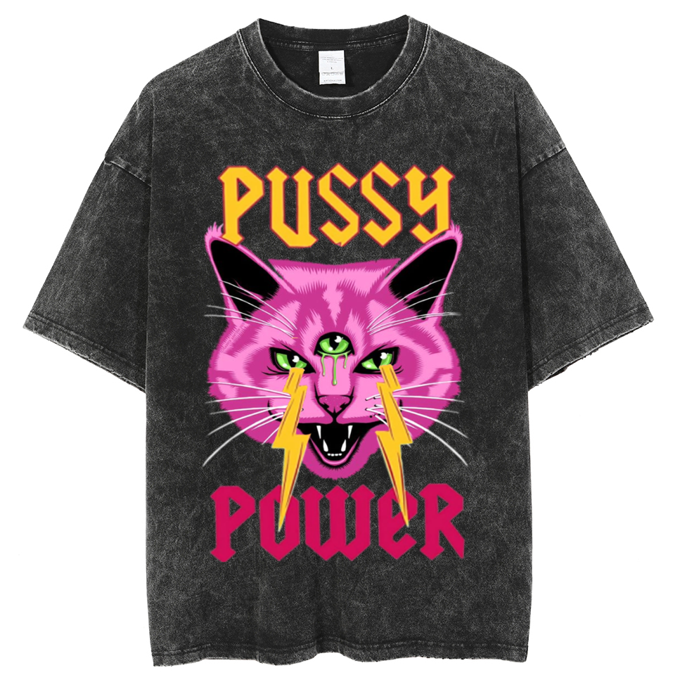 Pussy Power Unisex Oversized Print Vintage Wash Denim T-Shirt