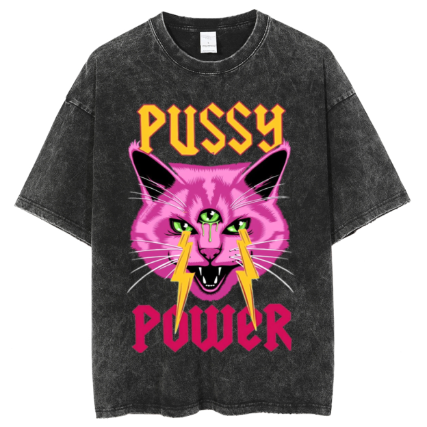Pussy Power Unisex Oversized Print Vintage Wash Denim T-Shirt