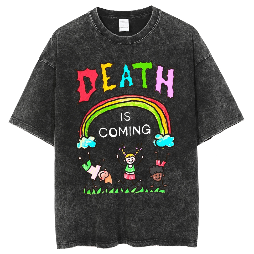 Death Is Coming Unisex Oversized Print Vintage Wash Denim T-Shirt