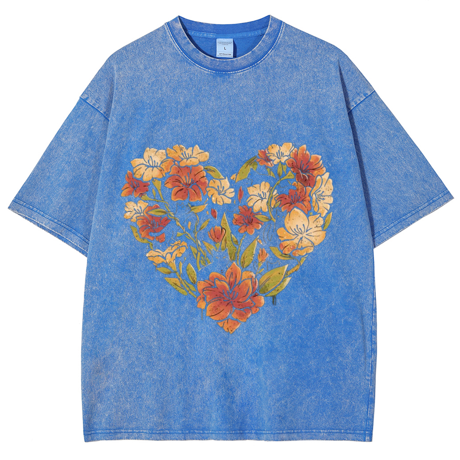 Flowers Cat Unisex Oversized Print Vintage Wash Denim T-Shirt-Print-cool