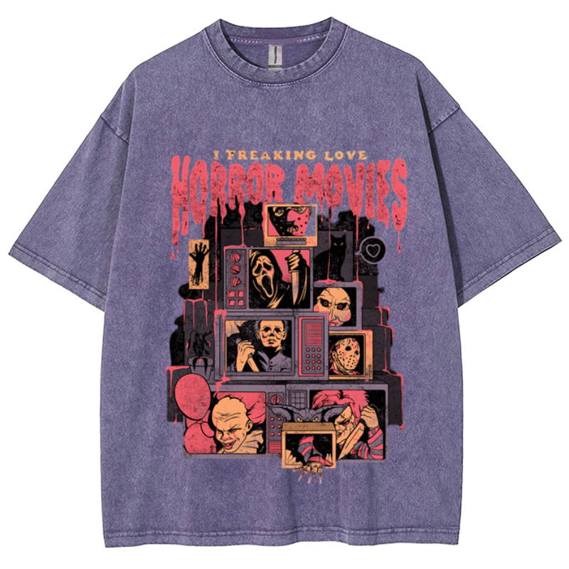 Horror Movies Unisex Vintage Wash Denim T-Shirts-Print-cool