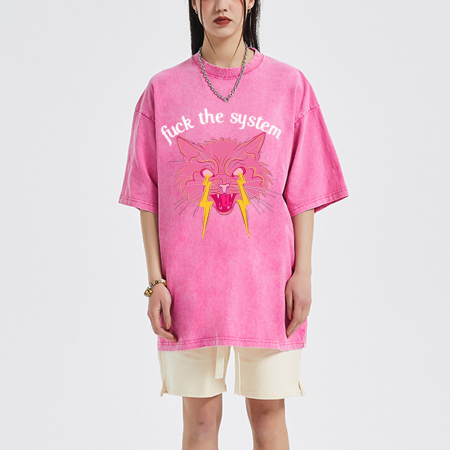 Fuck The System Unisex Oversized Print Vintage Wash Denim T-Shirt-Print-cool