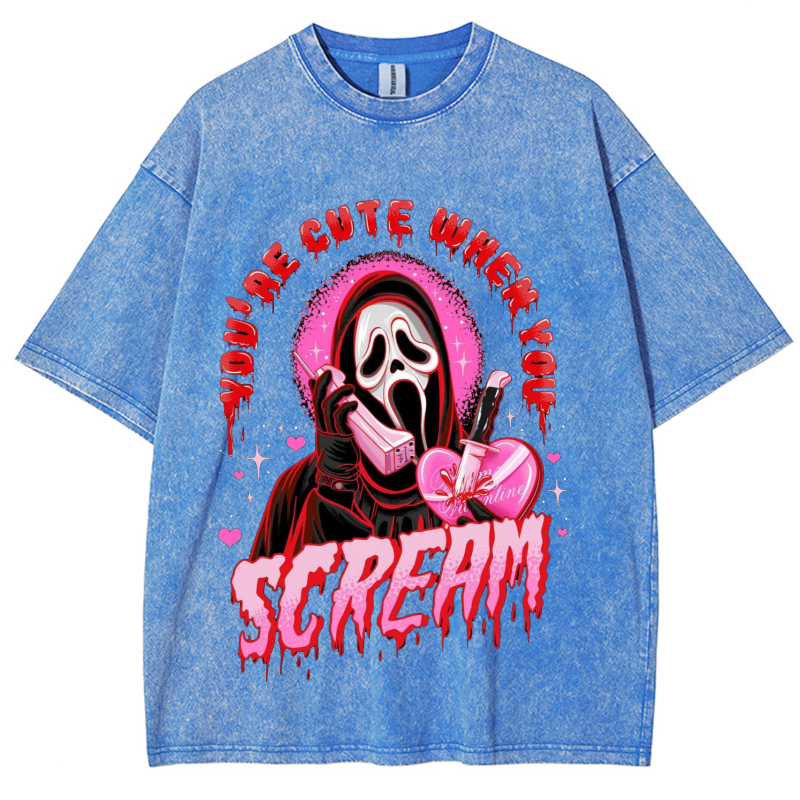 Cute Scream Unisex Vintage Solid Wash Denim T-Shirts