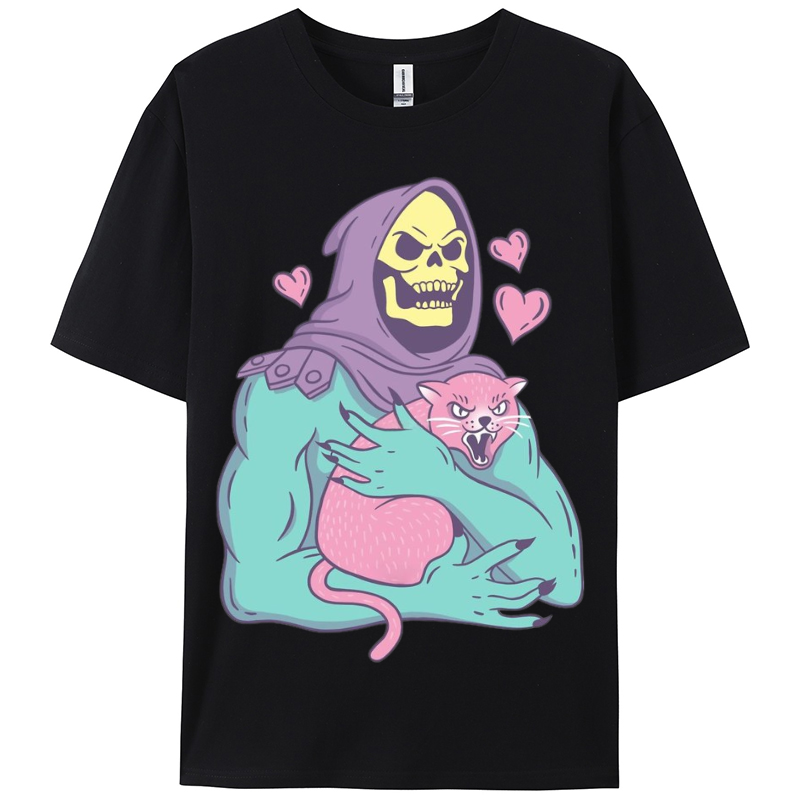 Funny Skull Cat Women Round Neck Casual Short Sleeve T-Shirt