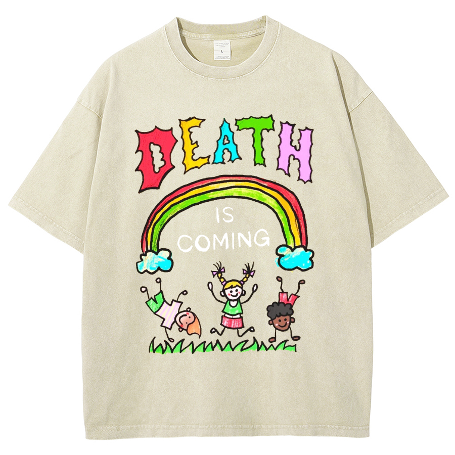 Death Is Coming Unisex Oversized Print Vintage Wash Denim T-Shirt