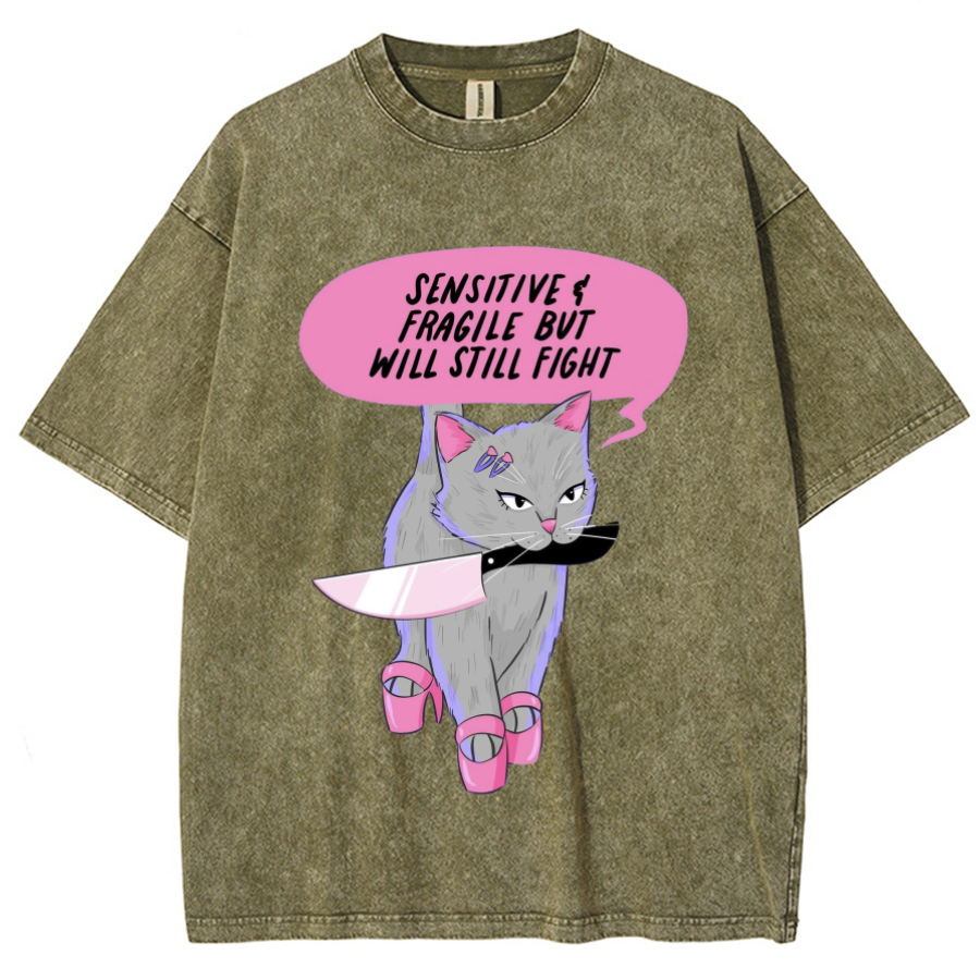 Sensitive Cat Unisex Printed Retro Washed Short Sleeved T-Shirt-Print-cool