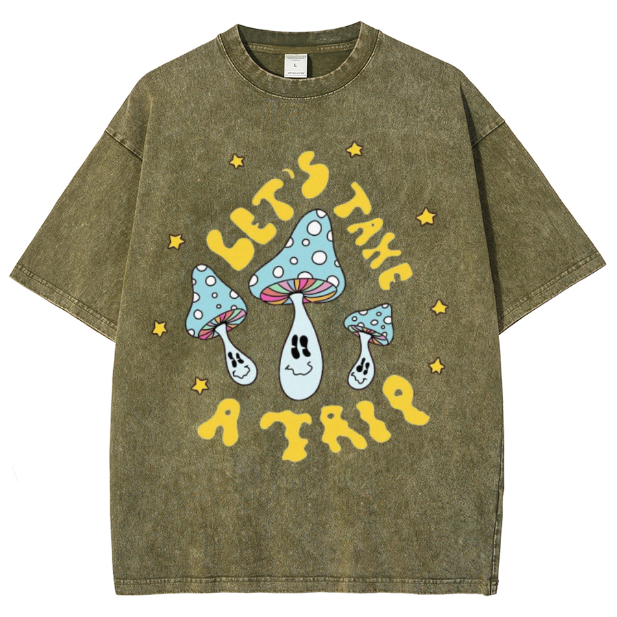 Lets Take A Trip Unisex Oversized Print Vintage Wash Denim T-Shirt