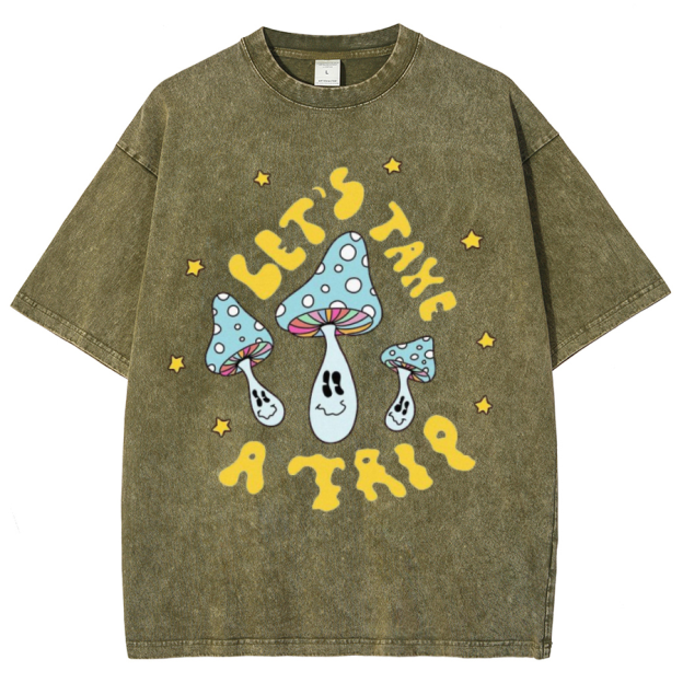 Lets Take A Trip Unisex Oversized Print Vintage Wash Denim T-Shirt
