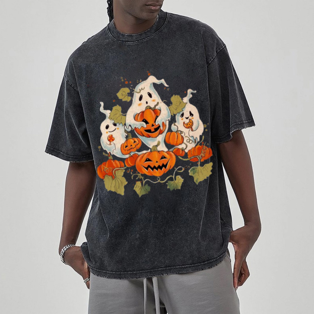 Spooky Pumpkin Unisex Printed Retro Washed Short Sleeved T-Shirt