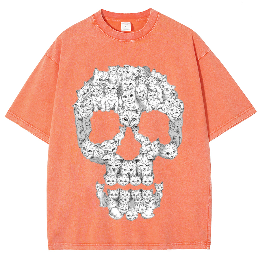 Kitty Skull Unisex Oversized Print Vintage Wash Denim T-Shirt