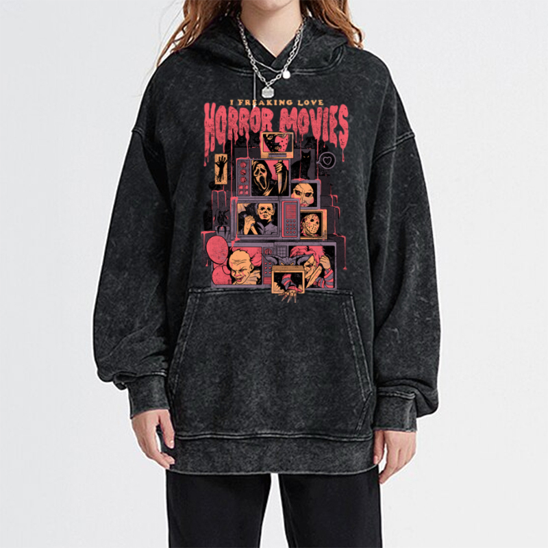 I Freaking Love Horror Movies Unisex Printed Casual Washed Hoodie Sweatshirt-Print-cool
