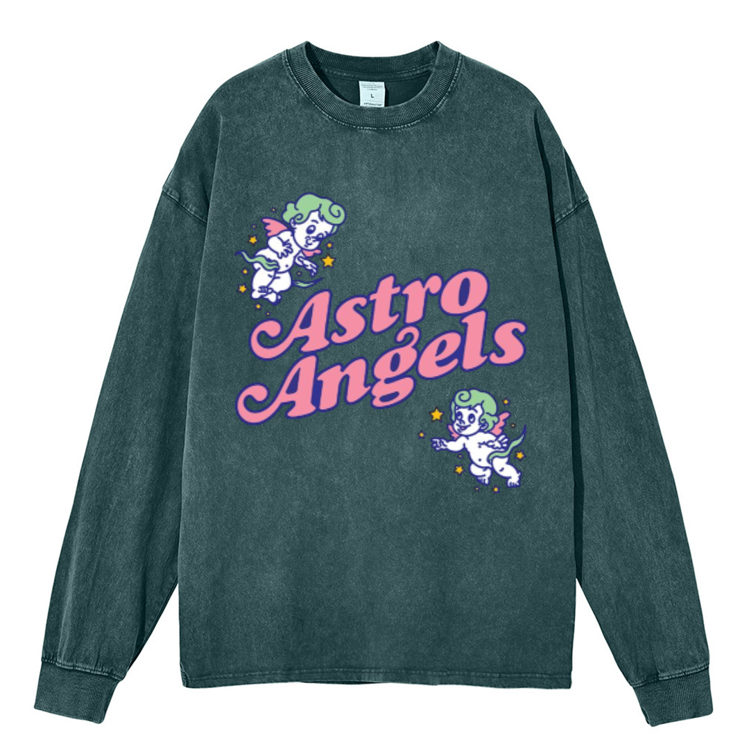 Astro Angels Unisex Casual Washed Printed Round Neck Long Sleeve T-shirt