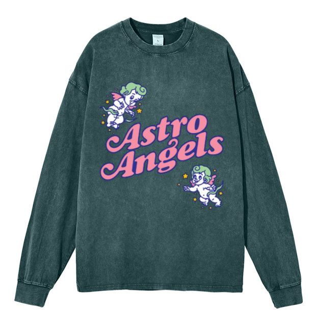 Astro Angels Unisex Casual Washed Printed Round Neck Long Sleeve T-shirt