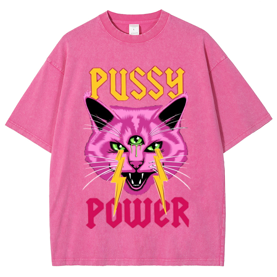 Pussy Power Unisex Oversized Print Vintage Wash Denim T-Shirt