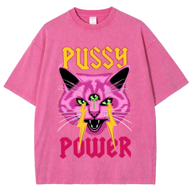 Pussy Power Unisex Oversized Print Vintage Wash Denim T-Shirt