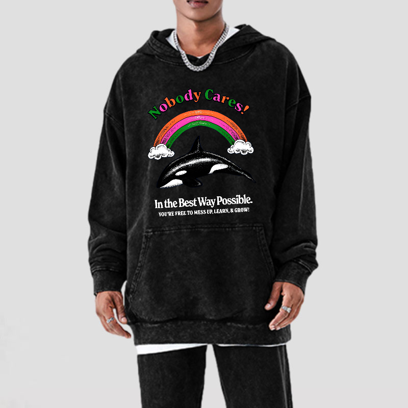 Nobody Cares Unisex Printed Casual Washed Hoodie Sweatshirt