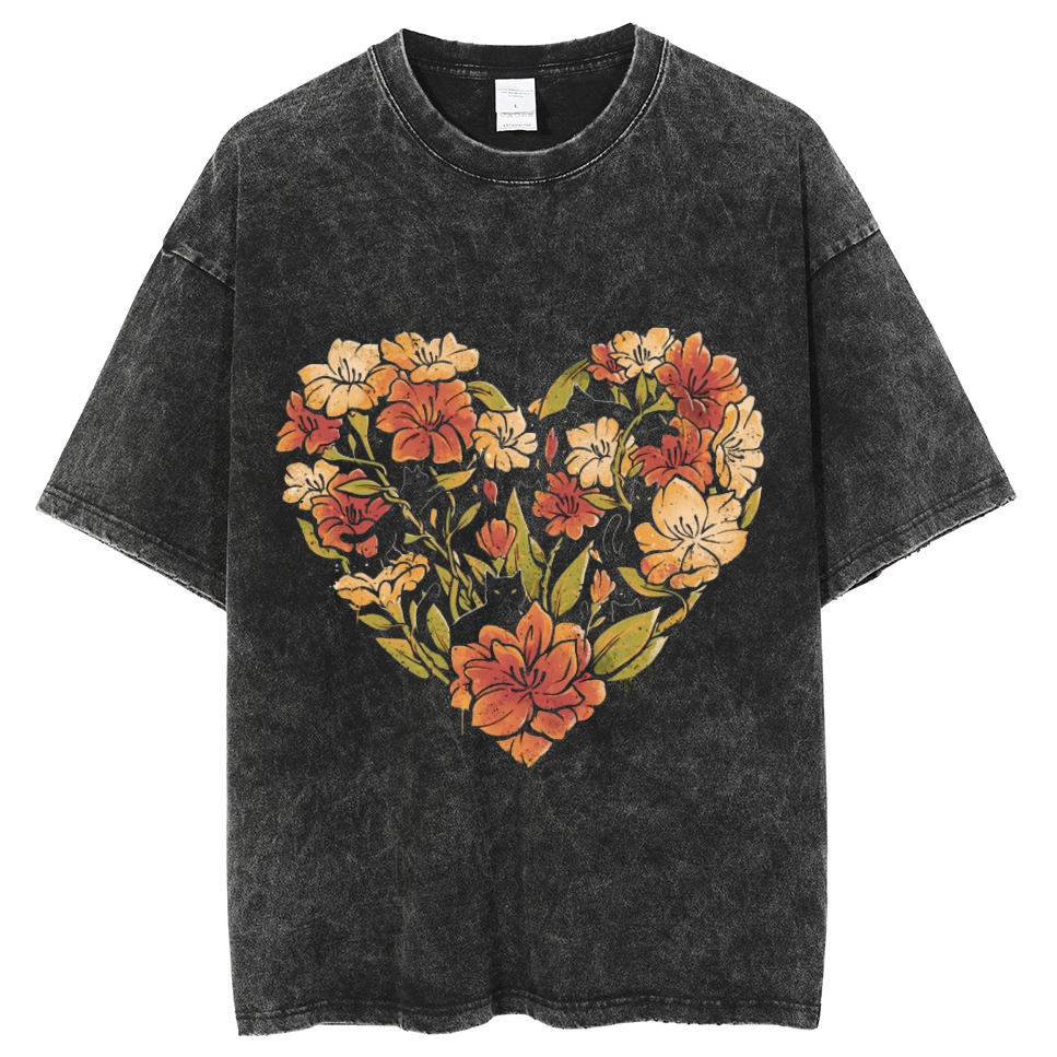 Flowers Cat Unisex Oversized Print Vintage Wash Denim T-Shirt-Print-cool