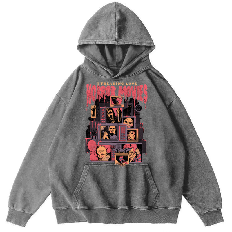I Freaking Love Horror Movies Unisex Printed Casual Washed Hoodie Sweatshirt-Print-cool
