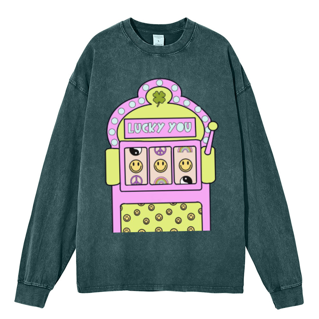 Lucky You Unisex Casual Washed Printed Round Neck Long Sleeve T-shirt