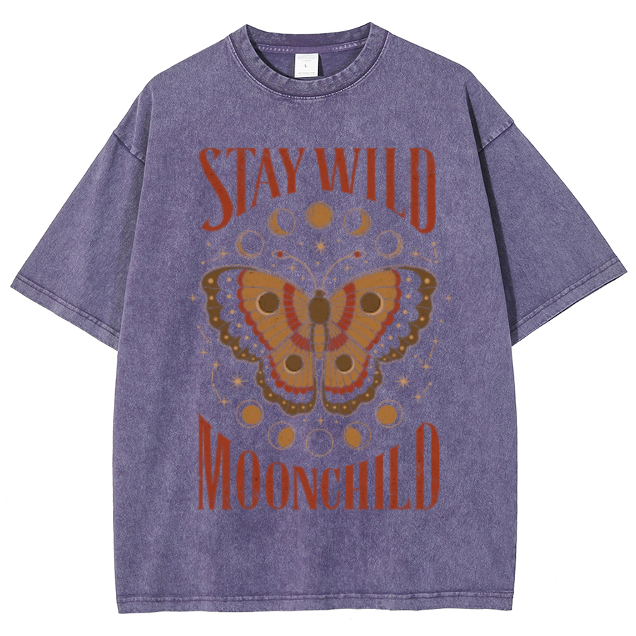 Stay Wild Unisex Oversized Print Vintage Wash Denim T-Shirt-Print-cool