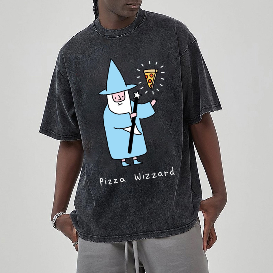 Pizza Wizzard Unisex Printed Retro Washed Short Sleeved T-Shirt-Print-cool