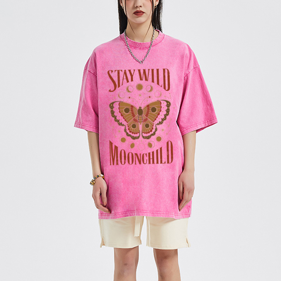 Stay Wild Unisex Oversized Print Vintage Wash Denim T-Shirt-Print-cool