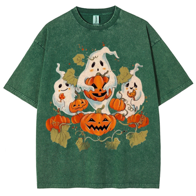 Spooky Pumpkin Unisex Printed Retro Washed Short Sleeved T-Shirt