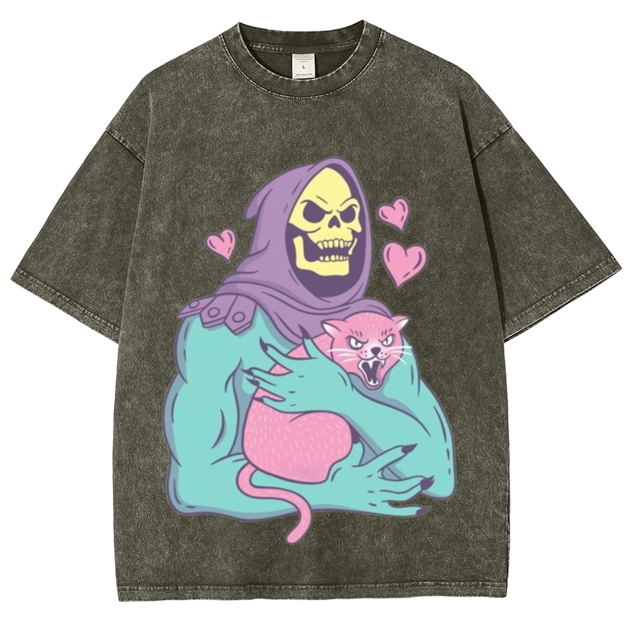 Funny Skull Cat Unisex Printed Retro Washed Short Sleeved T-Shirt