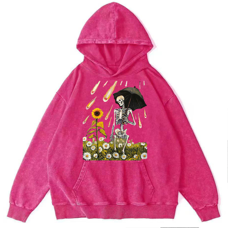 Skull Sunflower Raining Unisex Printed Casual Washed Hoodie Sweatshirt