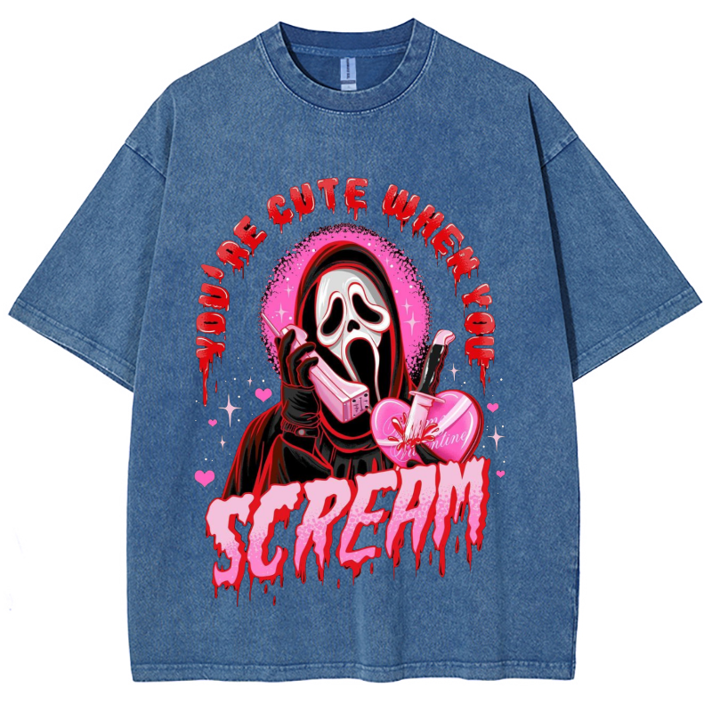 Cute Scream Unisex Vintage Solid Wash Denim T-Shirts