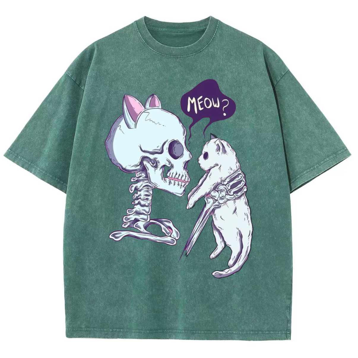 Funny Skull Cat Unisex Vintage Solid Wash Denim T-Shirts-Print-cool
