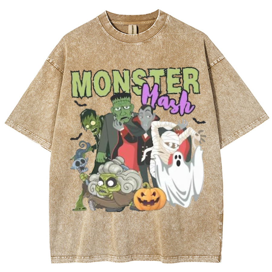 Monster Mash Unisex Printed Retro Washed Short Sleeved T-Shirt