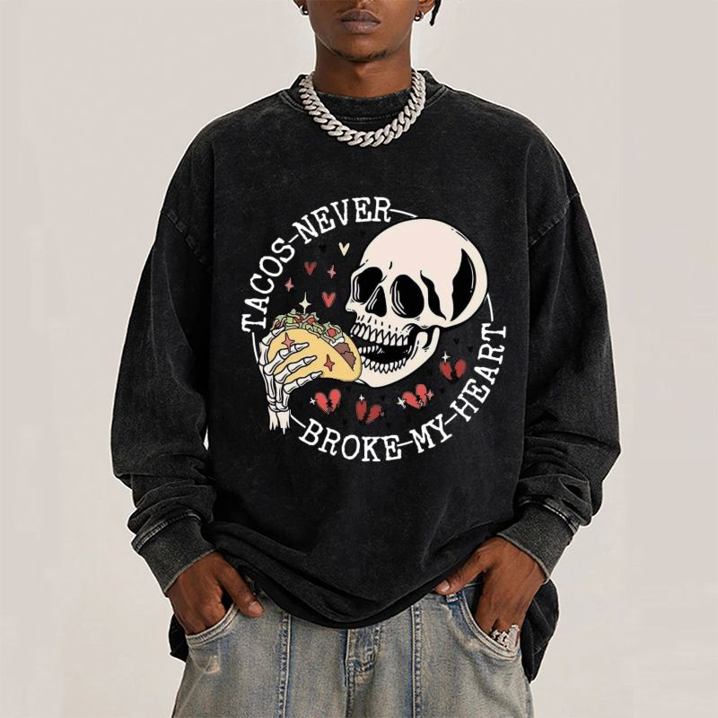 Broke My Heart Unisex Casual Washed Printed Round Neck Long Sleeve T-shirt