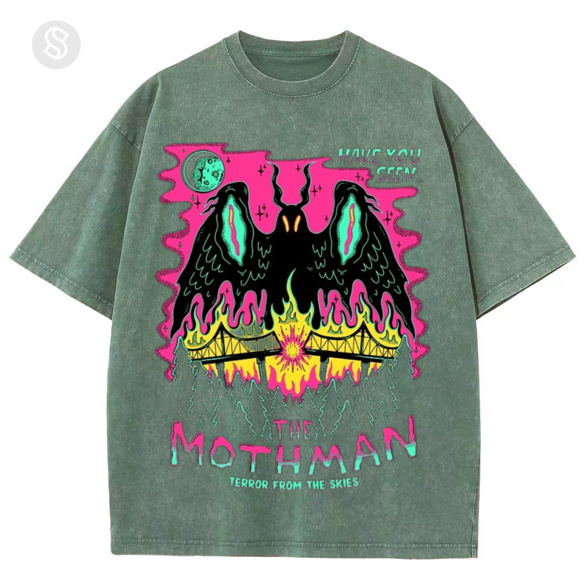 Have You See The Mothman Unisex Printed Retro Washed Short Sleeved T-Shirt-Print-cool