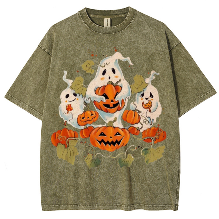 Spooky Pumpkin Unisex Printed Retro Washed Short Sleeved T-Shirt