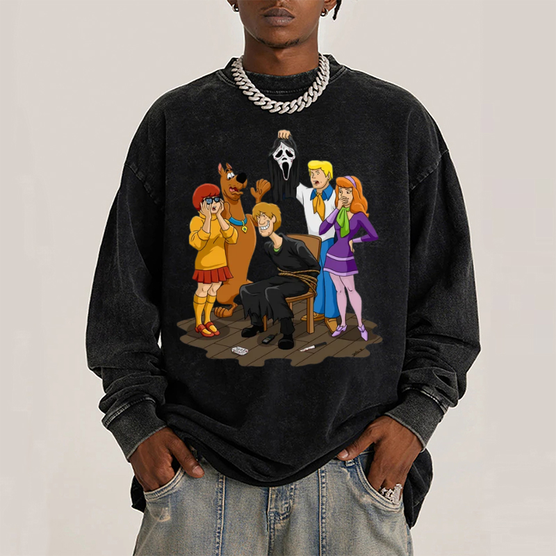 Ghost Face Unisex Washed Printed Round Neck Long Sleeve T-Shirt-Print-cool