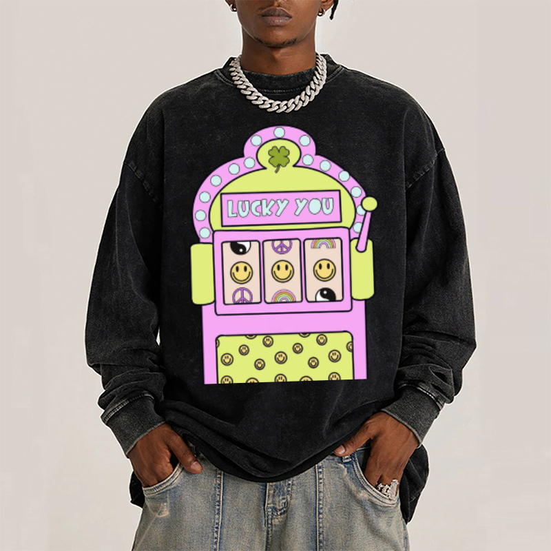 Lucky You Unisex Casual Washed Printed Round Neck Long Sleeve T-shirt