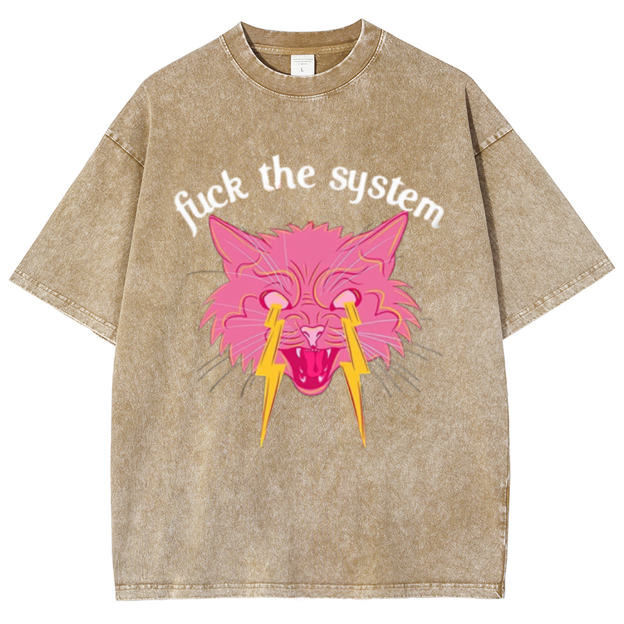 Fuck The System Unisex Oversized Print Vintage Wash Denim T-Shirt-Print-cool