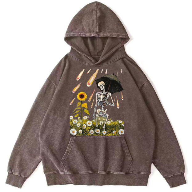 Skull Sunflower Raining Unisex Printed Casual Washed Hoodie Sweatshirt