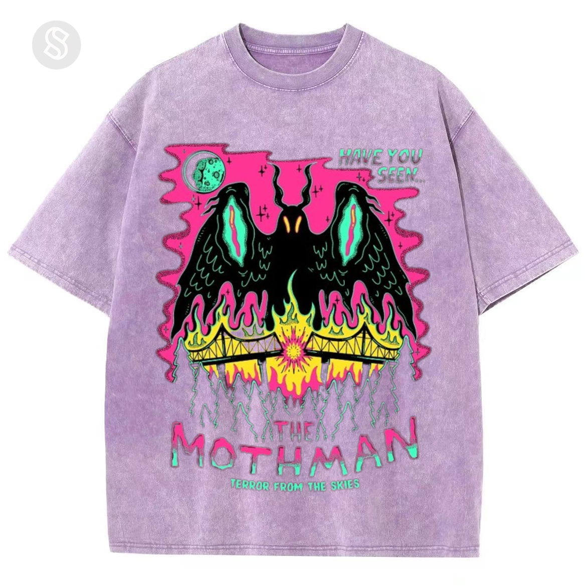 Have You See The Mothman Unisex Printed Retro Washed Short Sleeved T-Shirt-Print-cool