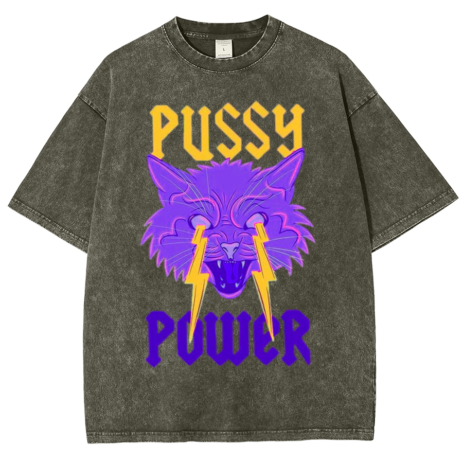 Pussy Power Unisex Oversized Print Vintage Wash Denim T-Shirt-Print-cool