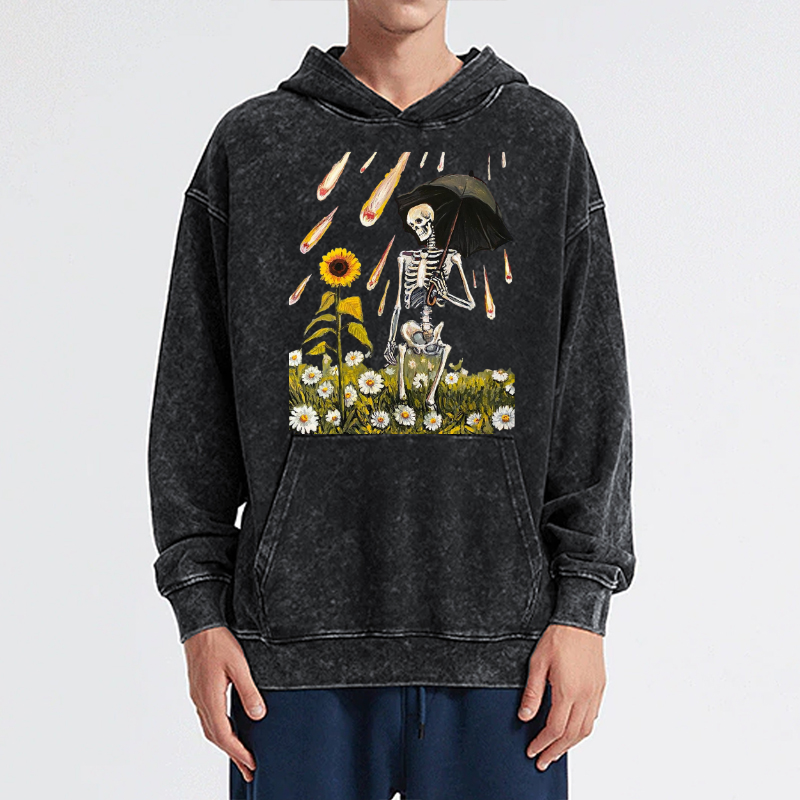 Skull Sunflower Raining Unisex Printed Casual Washed Hoodie Sweatshirt