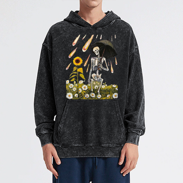Skull Sunflower Raining Unisex Printed Casual Washed Hoodie Sweatshirt