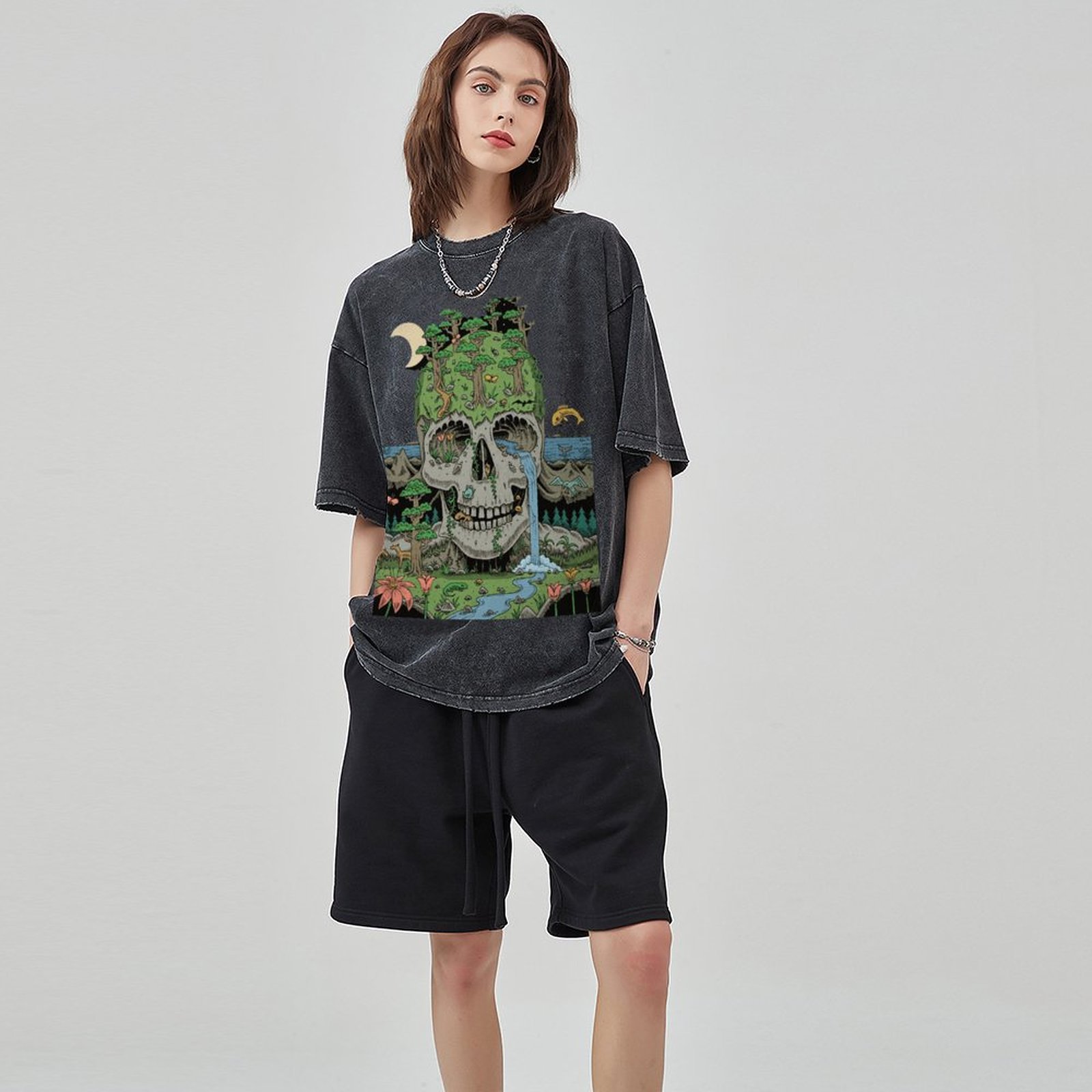 Skull Crying Unisex Vintage Solid Wash Denim T-Shirts-Print-cool