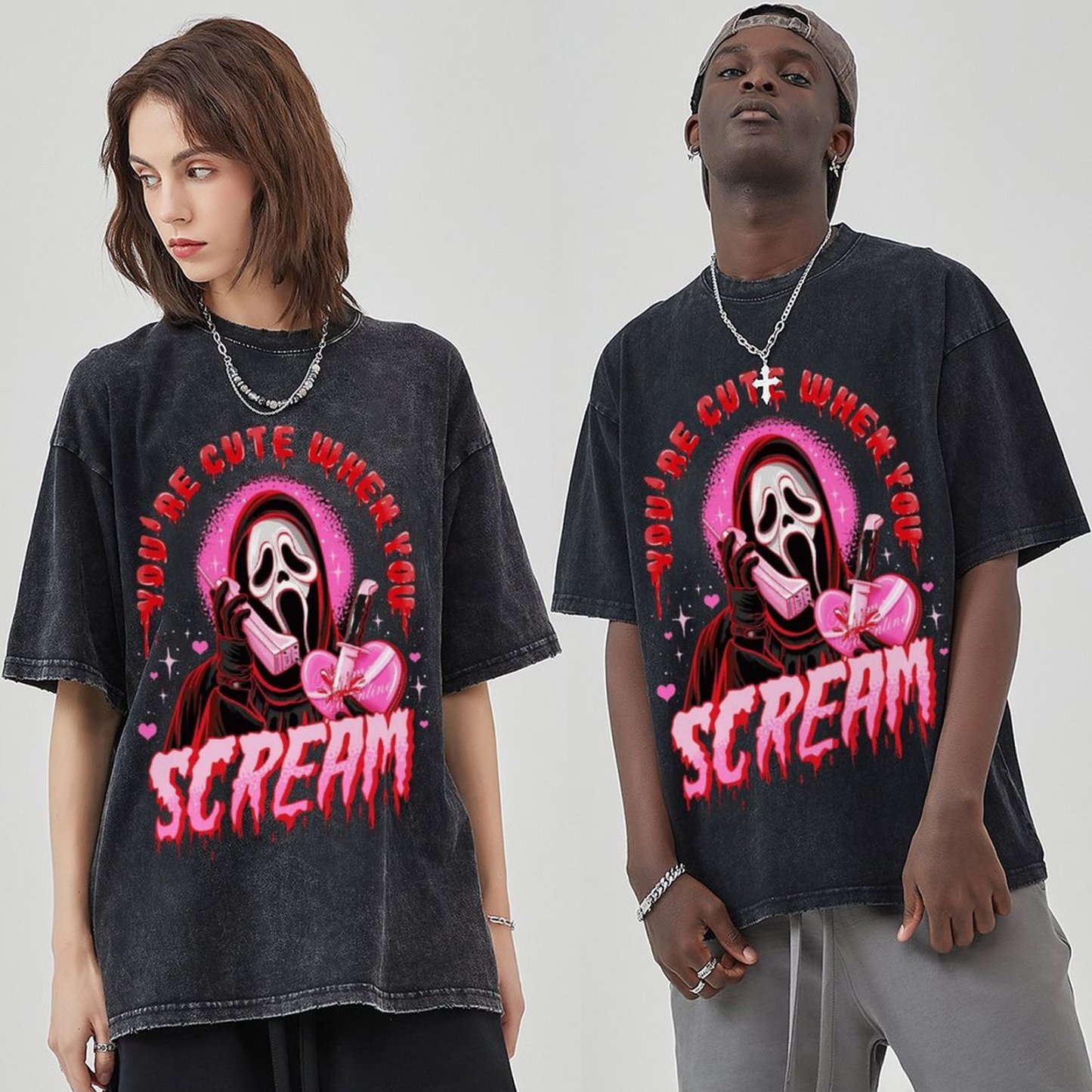 Cute Scream Unisex Vintage Solid Wash Denim T-Shirts