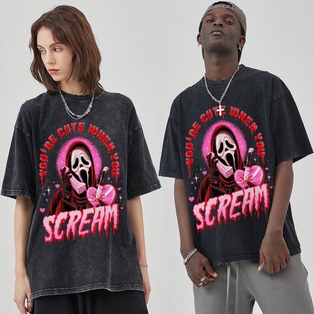 Cute Scream Unisex Vintage Solid Wash Denim T-Shirts