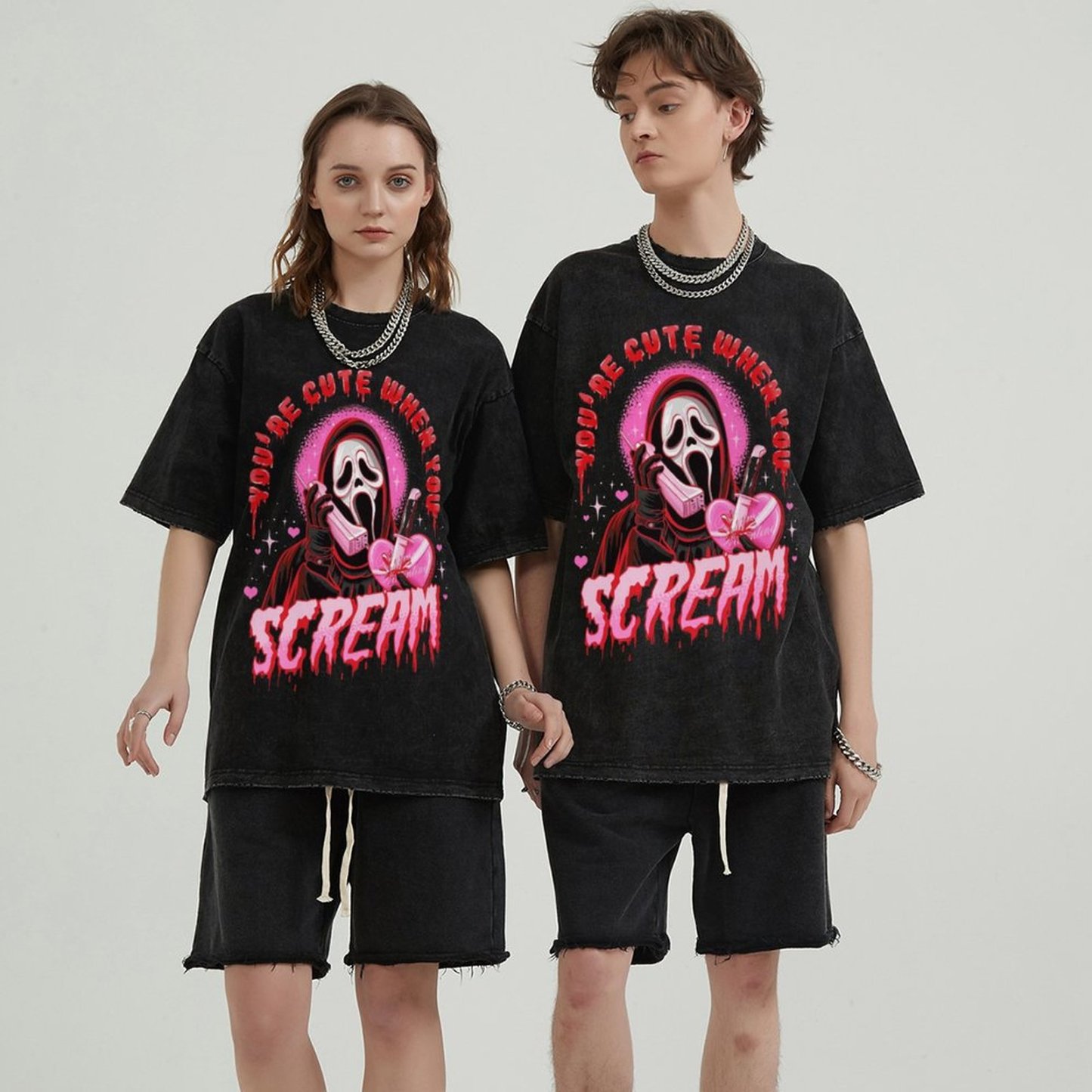 Cute Scream Unisex Vintage Solid Wash Denim T-Shirts