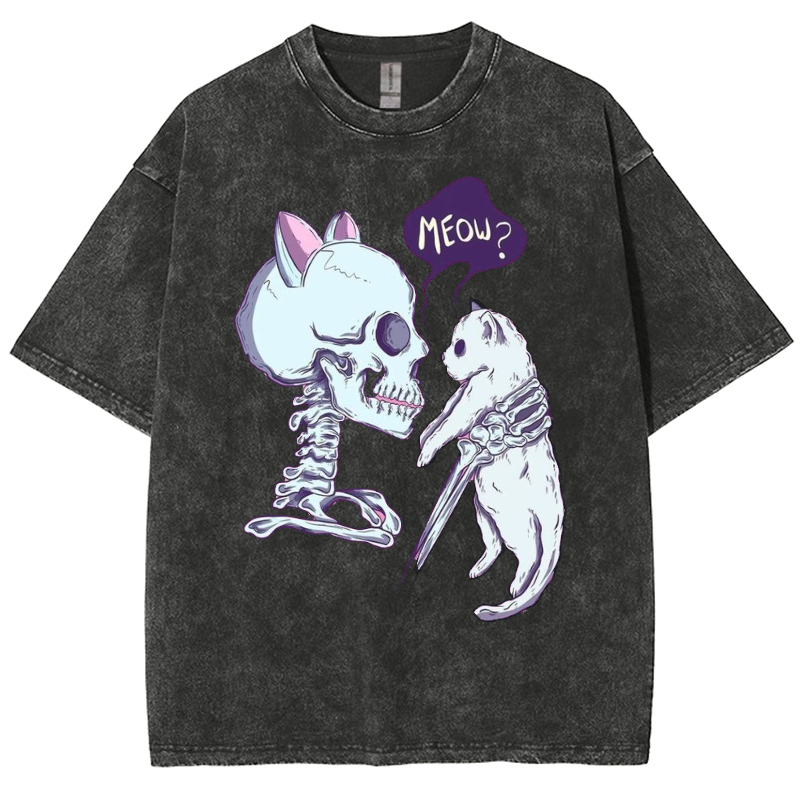 Funny Skull Cat Unisex Vintage Solid Wash Denim T-Shirts-Print-cool