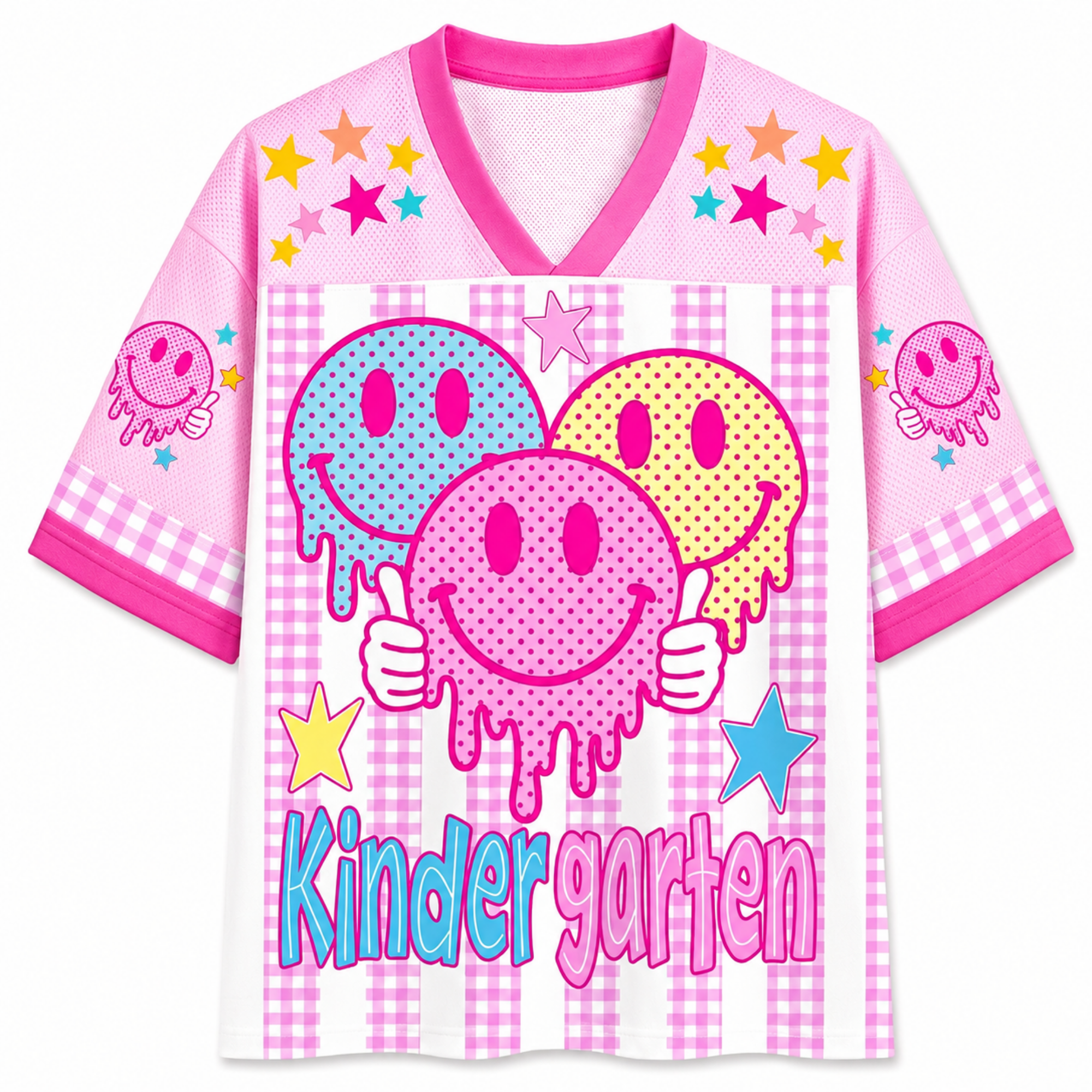 Chaotic Club Smiley Face Striped Back To School Pink Gingham Mesh Jersey